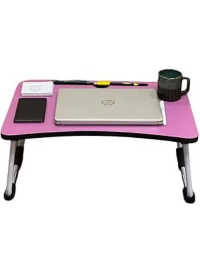 Multifunctional Foldable Laptop Table (60 x 40cm) – Portable Notebook Stand with Tablet & Cup Slots (Pink) - Image 1